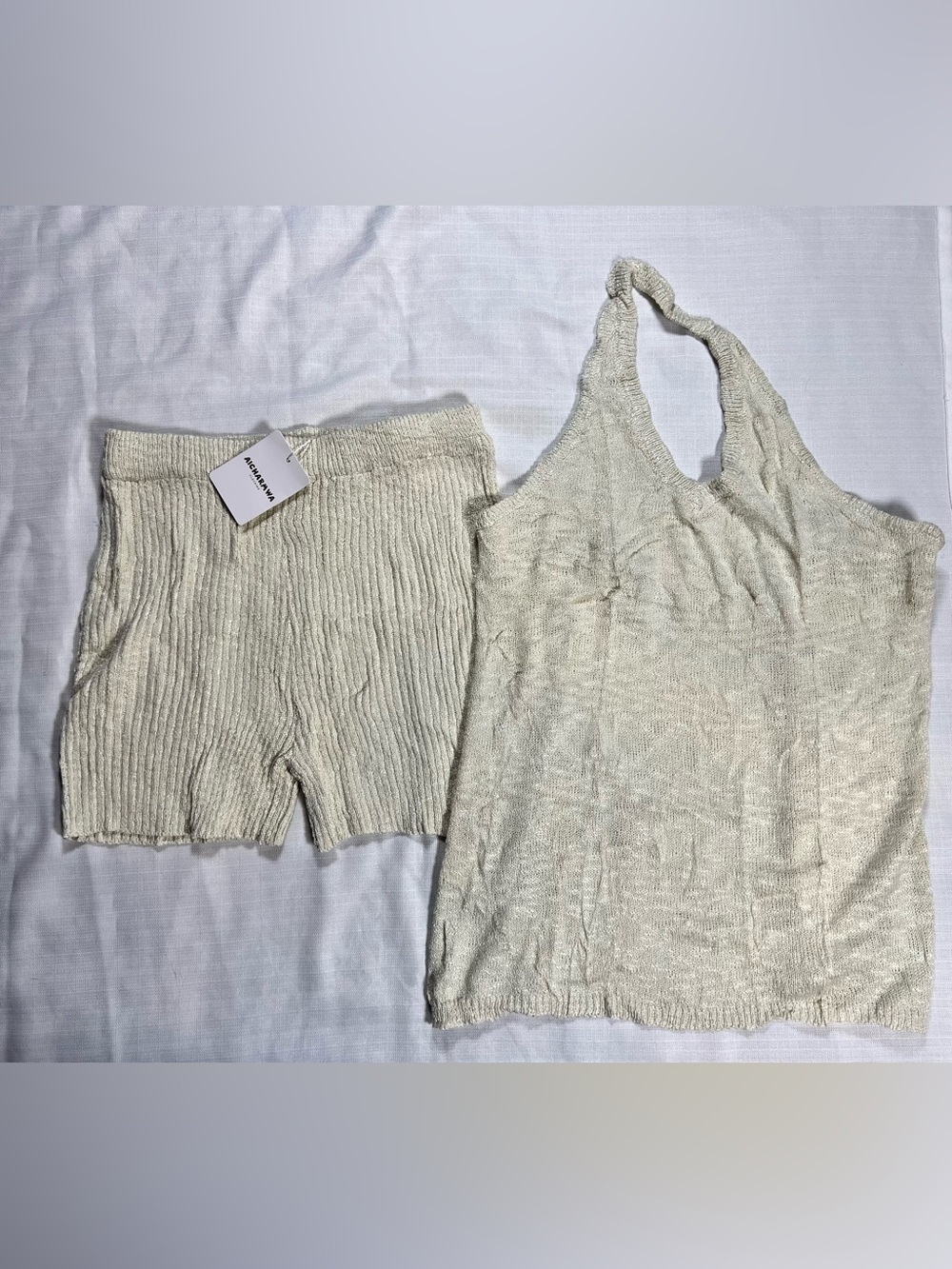 Knit Halter Tank and Ribbed Shorts Set in Cream, S Small New